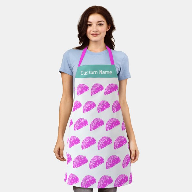Custom Name Personalised Aprons, Funny Pink Taco Apron (Worn)