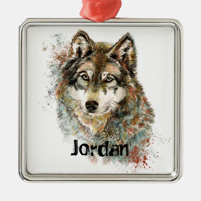 Custom Name Personalised Grey Wolf Metal Tree Decoration (Front)