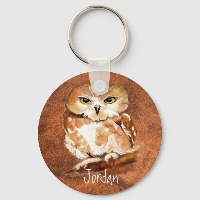Custom Name Personalised Watercolor Owl Bird Key Ring (Front)
