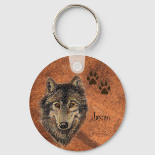 Custom Name Personalised Wolf & Tracks Key Ring