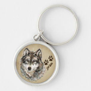 Custom Name Personalised Wolf & Tracks Keychain