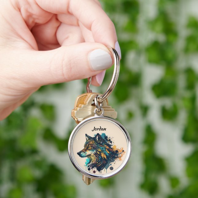 Custom Name Personalized Stylized Wolf Head Key Ring (Hand)