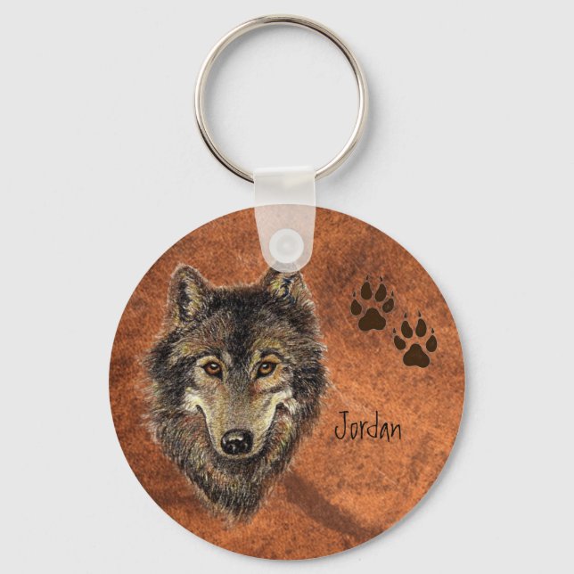 Custom Name Personalized Wolf & Tracks Key Ring (Front)
