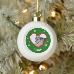 Custom name pet photo paw print heart green ceramic ball christmas ornament