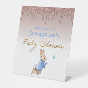 Custom Name Peter Baby Shower pink sparkles Pedestal Sign