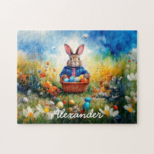 Custom Name Peter Easter Bunny with Easter Eggs Jigsaw Puzzle (Horizontal)