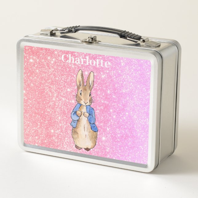 Custom Name Peter the rabbit girly pink glam Metal Lunch Box (Front)