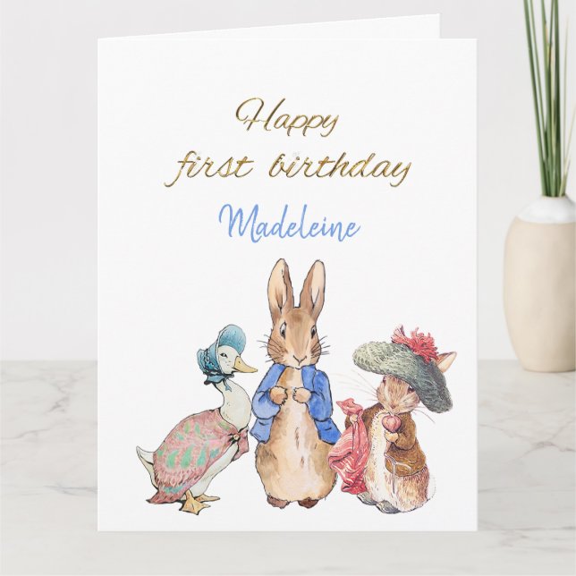 Custom Name Peter the Rabbit Happy First Birthday Card (Front)