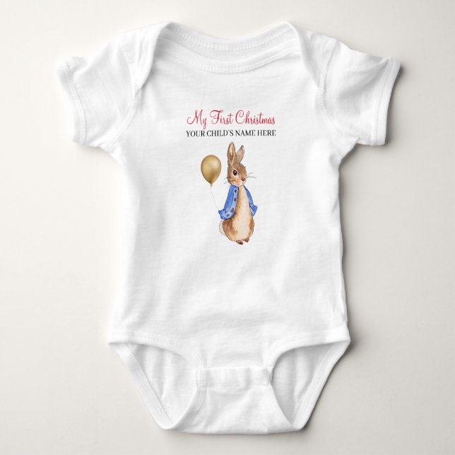 Custom Name Peter the Rabbit My First Christmas Baby Bodysuit (Front)
