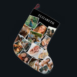 Custom Name Photo Collage Large Christmas Stocking<br><div class="desc">Personalised christmas stocking featuring a stylish black background that can be changed to any colour,  a 15 photo collage for you to replace with your own pictures,  and the persons name. On the reverse is a traditional festive plaid tartan pattern.</div>