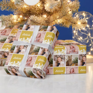Custom Name Photo Collage Yellow White Snowflake Wrapping Paper