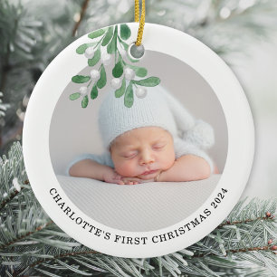 Custom Name Photo First Christmas Watercolor Ceramic Tree Decoration
