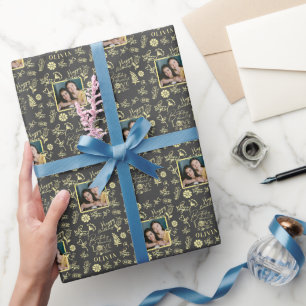Custom Name Photo Floral Typography Birthday Wrapping Paper