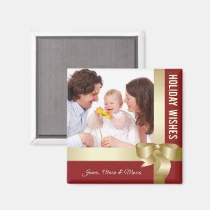 Custom Name & Photo Holiday Red, Gold Bow Magnet