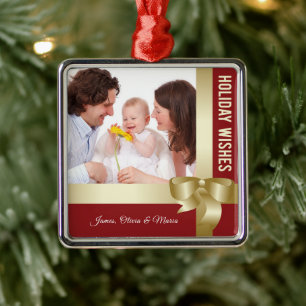 Custom Name & Photo Holiday Red, Gold Bow Metal Tree Decoration