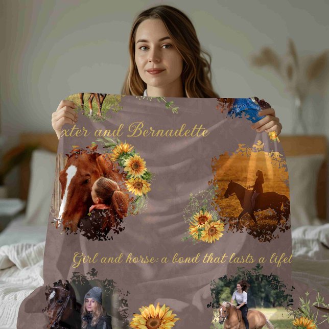 Custom Name Photo Horse Pet Brown with Sunflowers Fleece Blanket (Creator Uploaded)