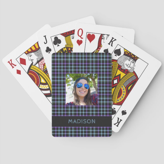 Custom Name & Photo Plaid / Tartan Pattern Playing Cards (Back)