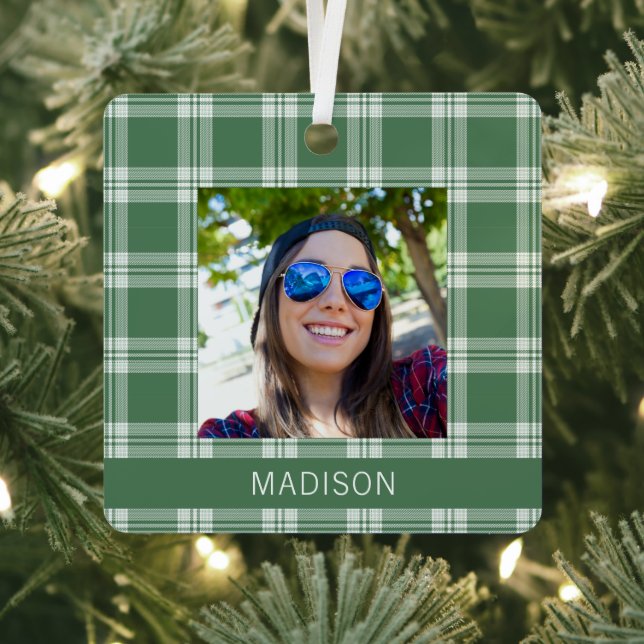 Custom Name, Photo & Text Plaid / Tartan Pattern Metal Tree Decoration (Insitu)