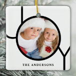 Custom Name Photo White Christmas  Ceramic Ornament<br><div class="desc">This modern Christmas Photo Ornament is decorated with the word JOY in black on a white background.
Easily customisable with your photo and name.</div>