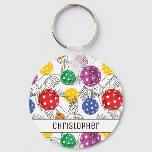 Custom name, Pickleball with 🦜parrots, white  Key Key Ring