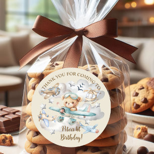 Custom Name Pilot Teddy Bear Birthday Party Classic Round Sticker