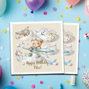 Custom Name Pilot Teddy Bear Birthday Party Napkin