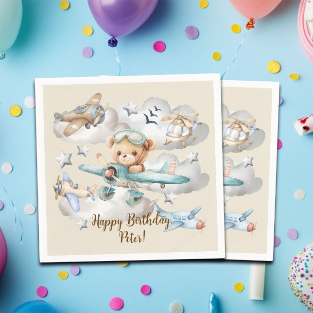 Custom Name Pilot Teddy Bear Birthday Party Napkin (Creator Uploaded)