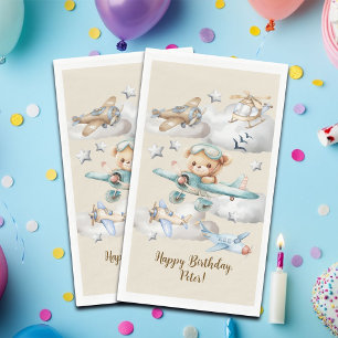 Custom Name Pilot Teddy Bear Birthday Party Napkin
