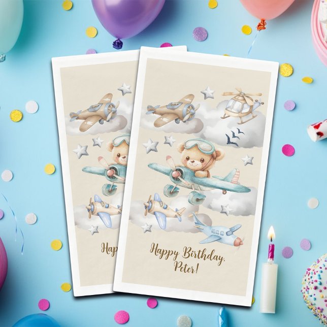 Custom Name Pilot Teddy Bear Birthday Party Napkin (Creator Uploaded)