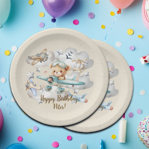 Custom Name Pilot Teddy Bear Birthday Party Paper Plate