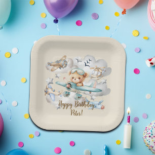 Custom Name Pilot Teddy Bear Birthday Party Paper Plate