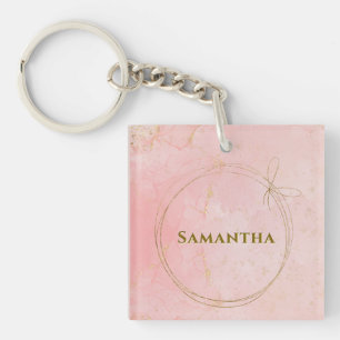 Custom Name Pink and Gold Square Key Ring