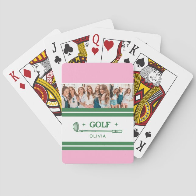 Custom Name Pink and Green golf lover photo Playing Cards (Back)