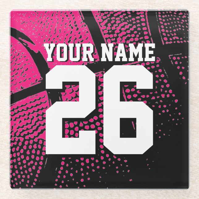 Custom name pink basketball sports jersey number glass coaster (Front)