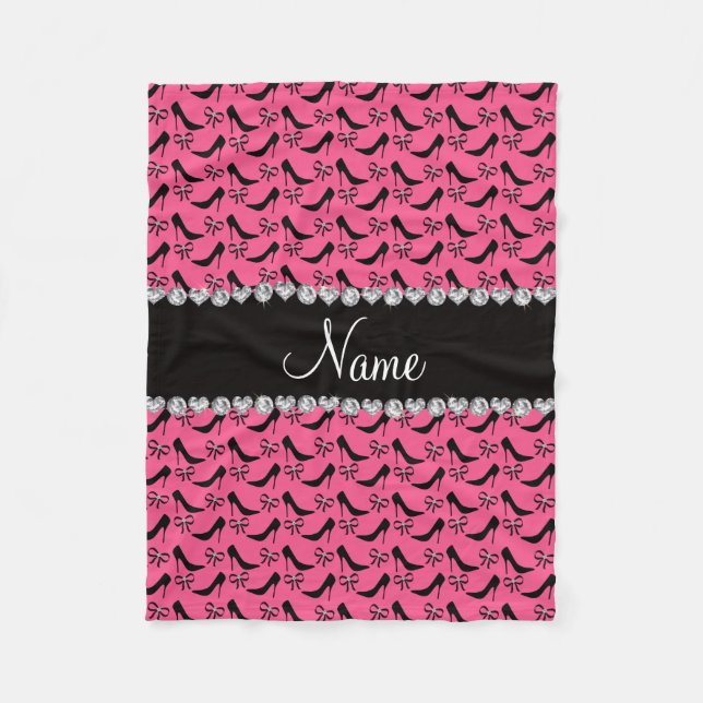 Custom name pink black high heels bow diamonds fleece blanket (Front)