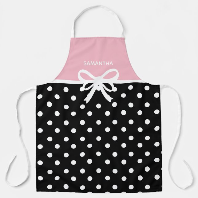 Custom Name Pink Black Polka Dot Ribbon Bow Cute Apron (Front)