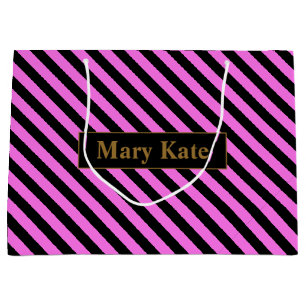 Custom Name Pink/Black Stripes Large Gift Bag