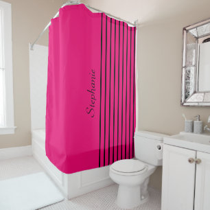 Custom Name Pink Black Stripes Patterns Girly 2022 Shower Curtain