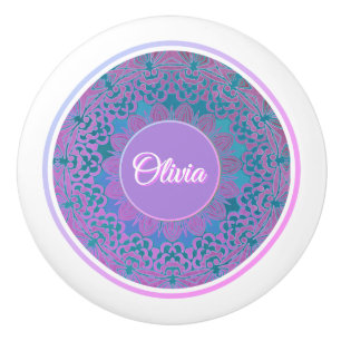 Custom Name Pink Blue Purple Teal Mandala Boho  Ceramic Knob