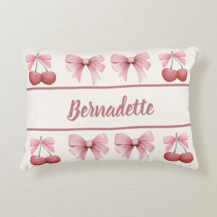 Custom Name Pink Bows and Cherries Girly Coquette Decorative Cushion