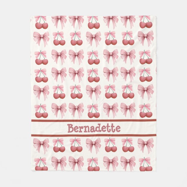 Custom Name Pink Bows and Cherries Girly Coquette Fleece Blanket (Front)