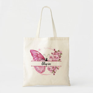 Custom Name Pink Butterfly & Floral Design – Cute Tote Bag