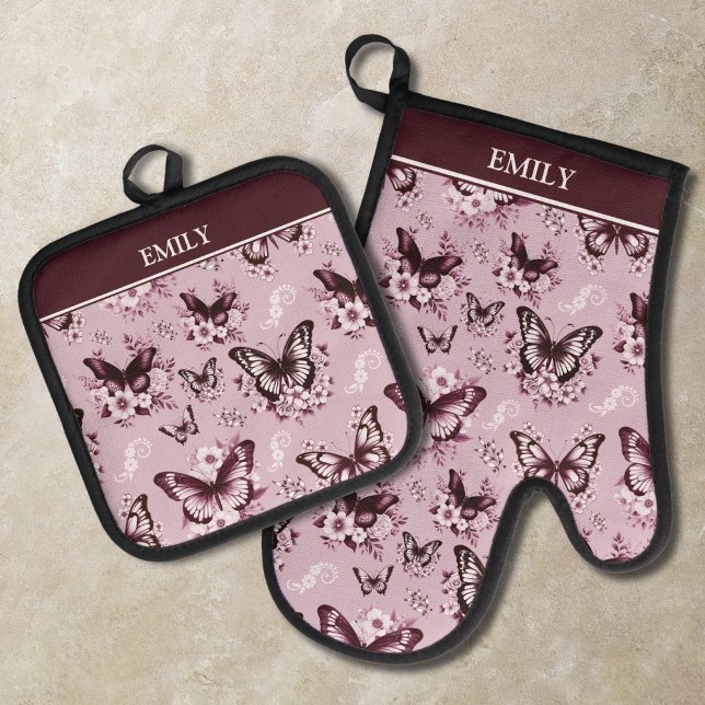 Custom Name Pink Butterfly Pattern Oven Mitt & Pot Holder Set (Creator Uploaded)
