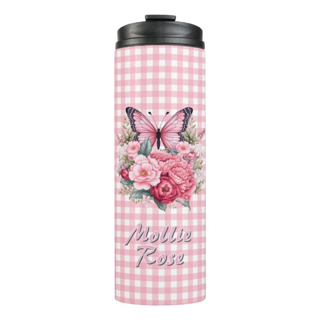 Custom Name Pink Chequerboard Flower Thermal Tumbler (Front)