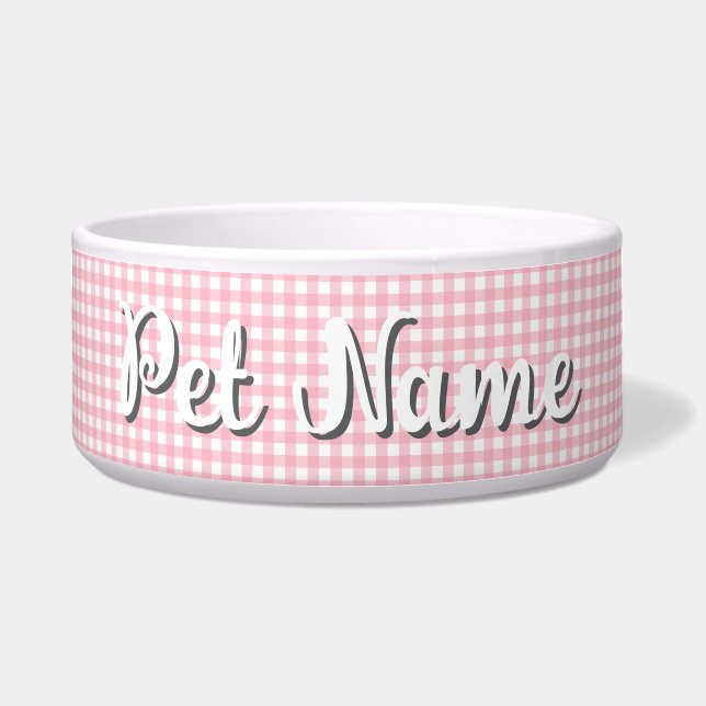 Custom Name Pink Chequerboard Pet Bowl (Front)
