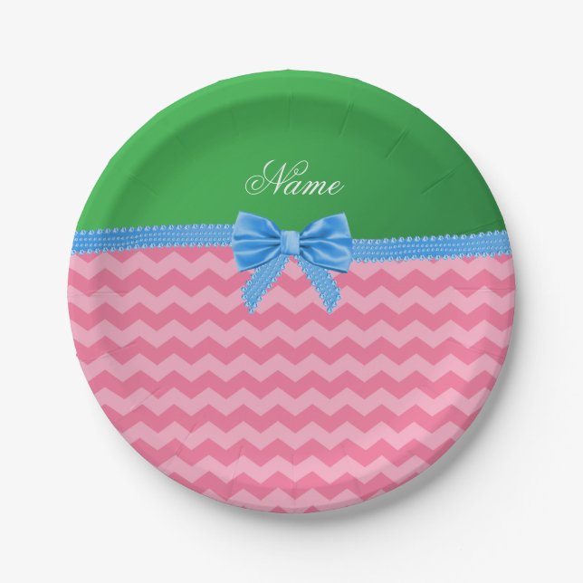 Custom name pink chevrons green blue bow paper plate (Front)
