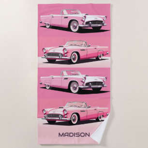 Custom Name Pink Classic Car Beach Towel