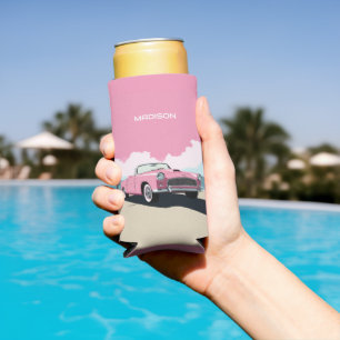 Custom Name Pink Classic Car Seltzer Can Cooler