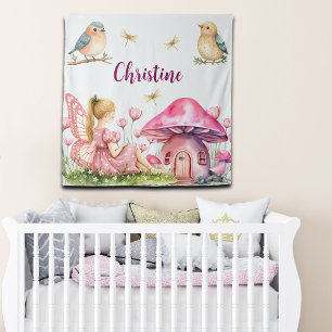 Custom Name Pink Fairy Mushrooms Backdrop Tapestry