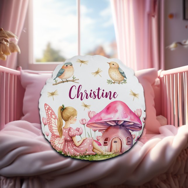 Custom Name Pink Fairy Mushrooms Round Cushion (Creator Uploaded)